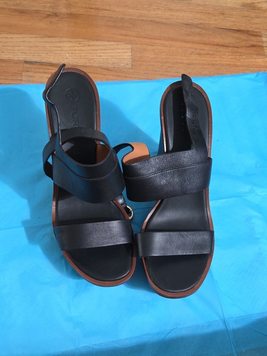 Tory Burch Shoes - Tory Burch Black Leather Double-Strap Sandals with Tan Trim